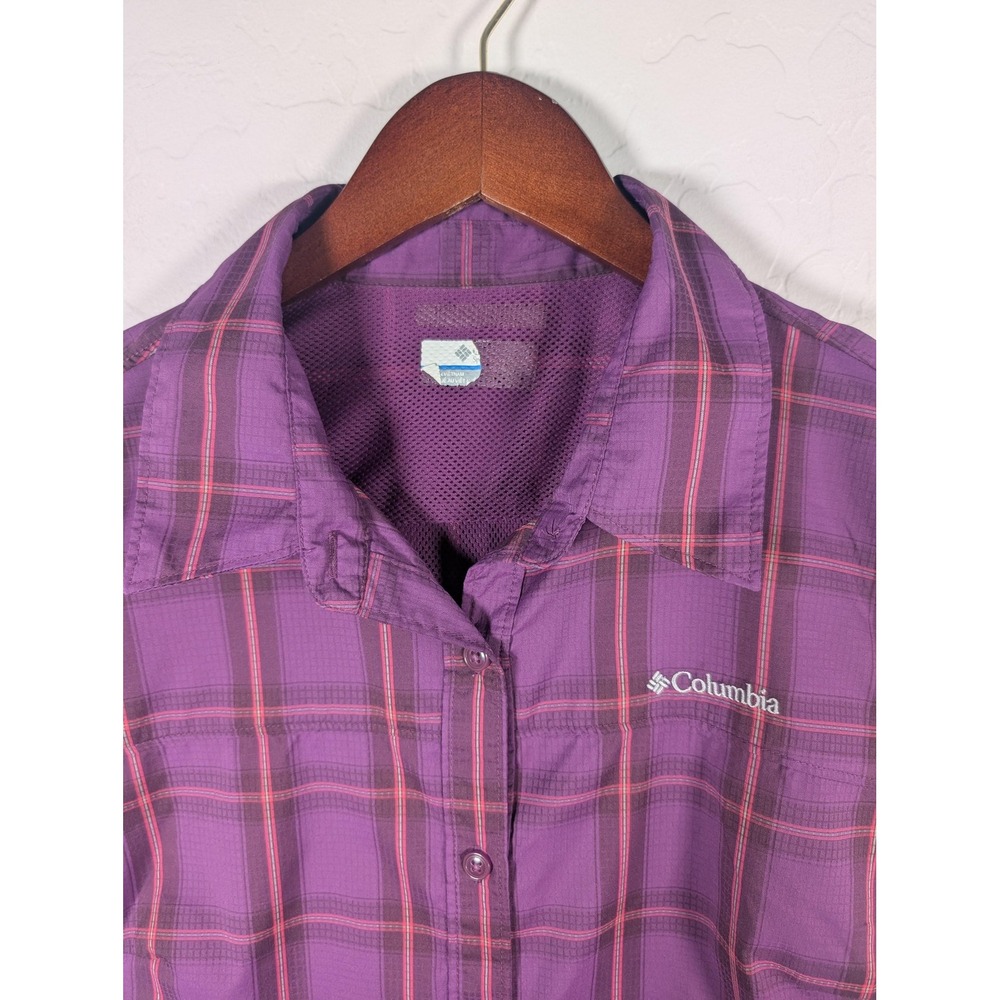 Columbia Shirt Womens Large Purple Plaid Omni-Shade Short Sleeve Outdoor Hiking - Picture 2 of 10
